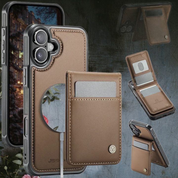 iPhone 17 Leather Back Cover  Magnetic Phone Case with Card Bag,غلاف ومحفظه جلد مغناطيسيه ايفون 17