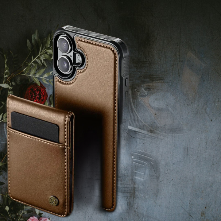 iPhone 17 Leather Back Cover  Magnetic Phone Case with Card Bag,غلاف ومحفظه جلد مغناطيسيه ايفون 17